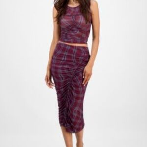 Bar III Plum Plaid Ruched Midi Skirt